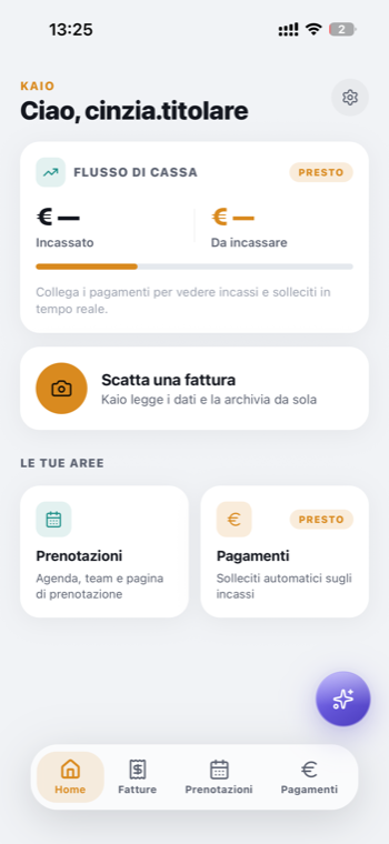 Kaio — home dell'app con flusso di cassa e aree