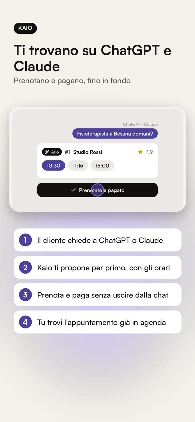 Kaio — Ti trovano su ChatGPT e Claude: prenotano e pagano, fino in fondo